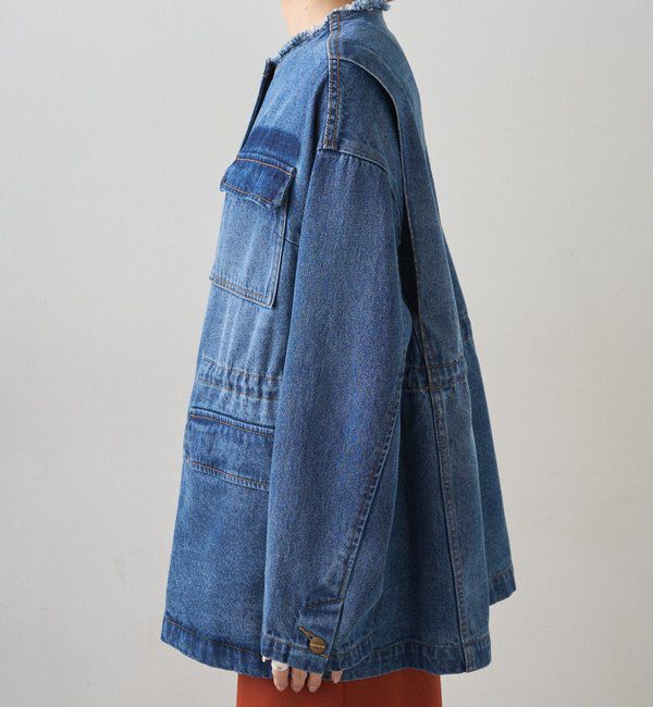  「デニムノーカラーワークジャケット」|デニムジャケット|