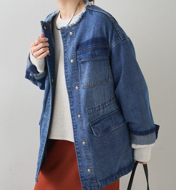  「デニムノーカラーワークジャケット」|デニムジャケット|