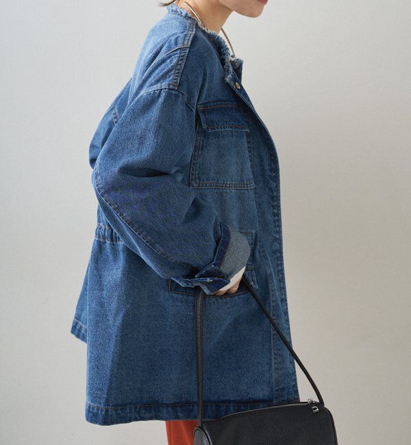  「デニムノーカラーワークジャケット」|デニムジャケット|