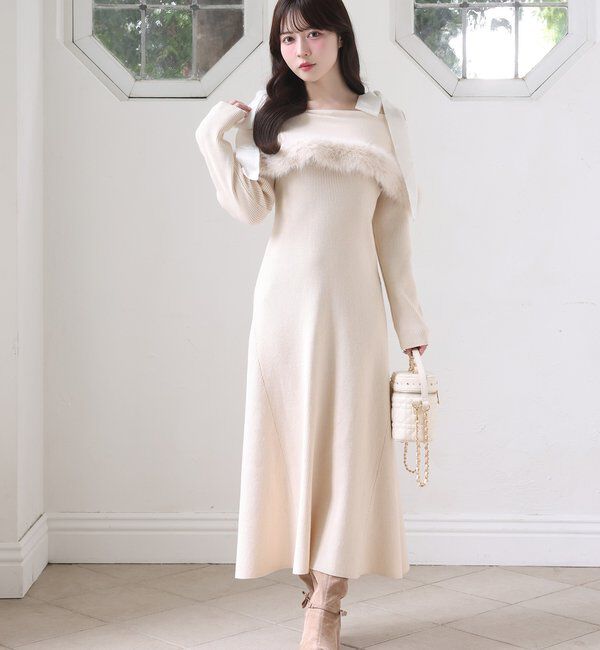  「リボン取り外し可能オフショルファーニットワンピース」|ワンピース|