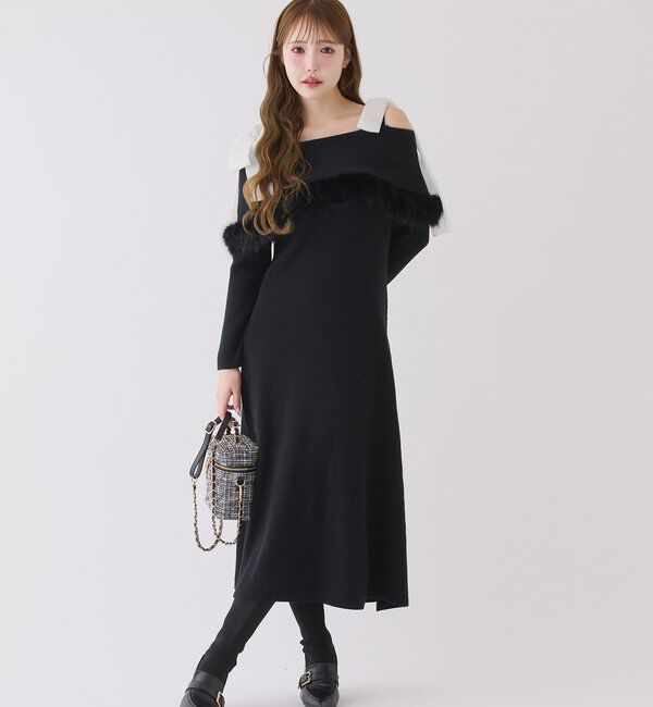  「リボン取り外し可能オフショルファーニットワンピース」|ワンピース|