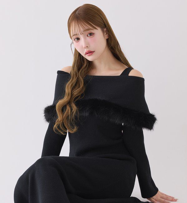  「リボン取り外し可能オフショルファーニットワンピース」|ワンピース|