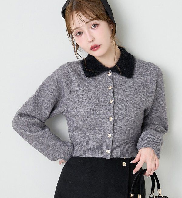  「シャギー襟配色ポロニット」|ニット・セーター|グレー