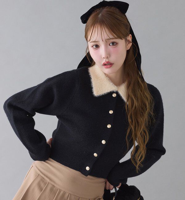  「シャギー襟配色ポロニット」|ニット・セーター|ブラック