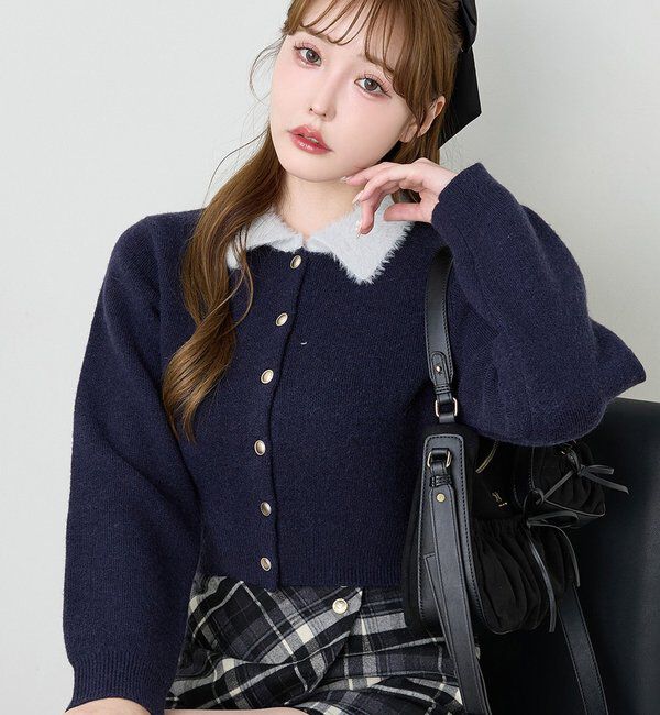  「シャギー襟配色ポロニット」|ニット・セーター|ネイビー