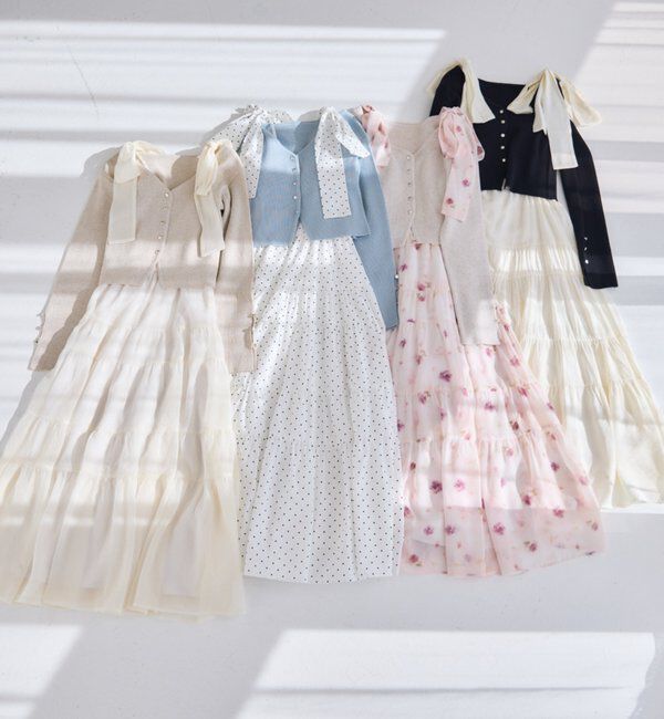  「【肩リボン取り外し可能】カーディガンセット２枚セットワンピ」|ワンピース|