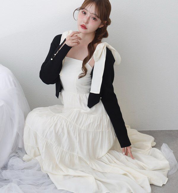  「【肩リボン取り外し可能】カーディガンセット２枚セットワンピ」|ワンピース|