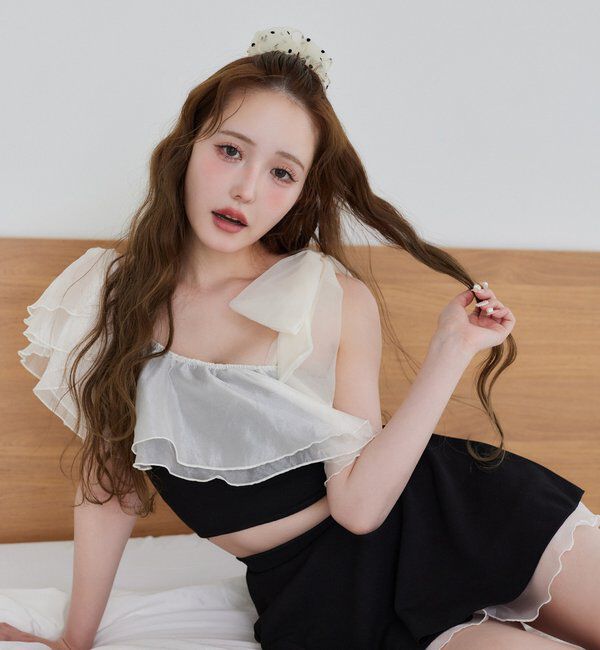  「swimwear/肩リボンワンショル+フレアミニスカート(3点セット)」|その他|