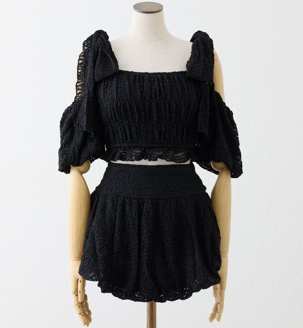  「swimwear/シャーリングオフショル+バルーンミニスカート（3点セット)」|その他|ブラック