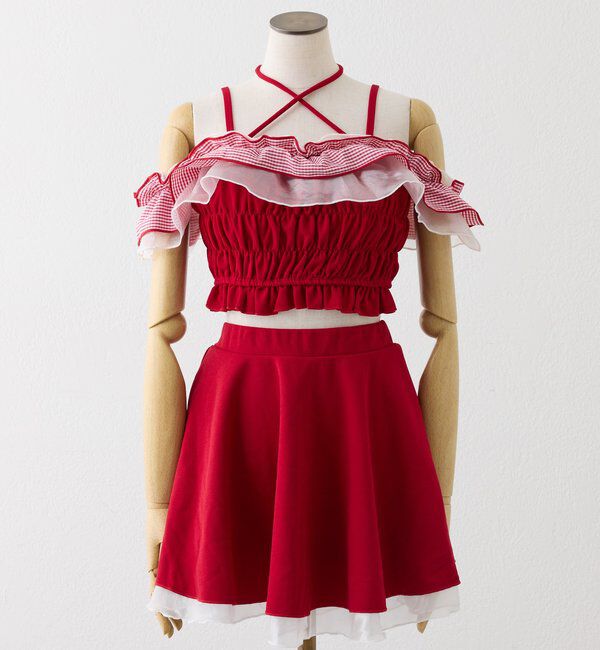  「swimwear/フリルオフショル＋フレアミニスカート(3点セット)」|その他|レッド