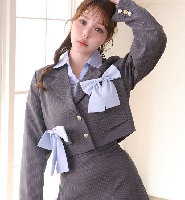  「【セットアップ可能】ビッグリボンテーラードジャケット」|ダウンベスト・ベスト|チャコールグレー