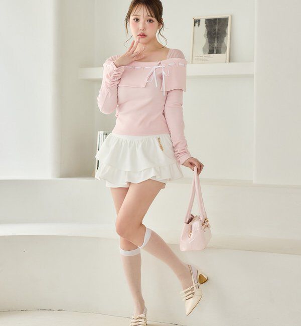  「配色リボンオフショルトップス」|プルオーバー|