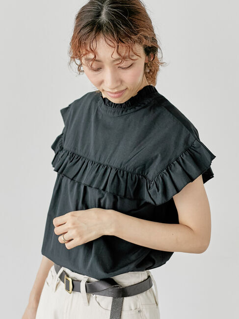 Lugnoncure「【イージーケア】無地/柄アソートフリルブラウス」|シャツ・ブラウス|ブラック