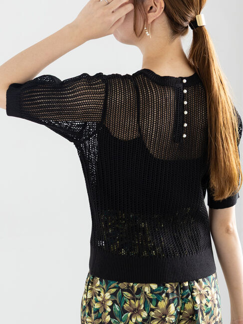 Te chichi「バックパールメッシュハーフスリーブニット」|ニット・セーター|ブラック