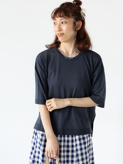 Lugnoncure「【接触冷感】サイドスリットハーフスリーブニット」|ニット・セーター|チャコールグレー