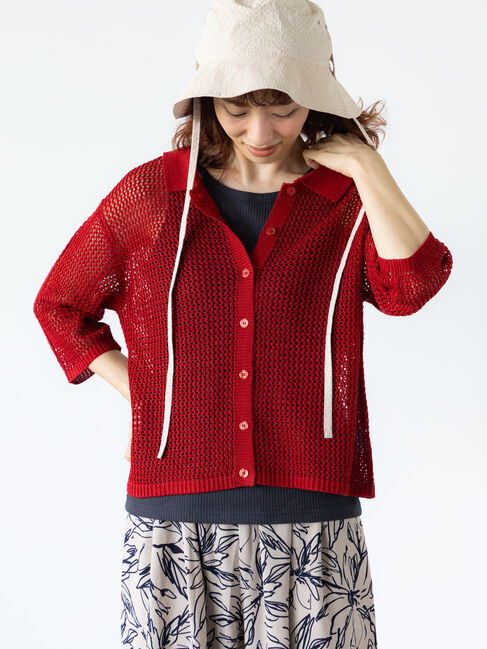 Lugnoncure「麻タッチ衿付きメッシュニットカーディガン」|カーディガン|レッド