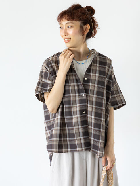 Lugnoncure「【イージーケア】無地/柄アソート金釦バンドカラーシャツ」|シャツ・ブラウス|ブラウン