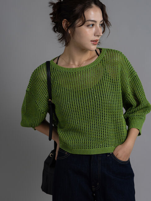 Te chichi「スパンコールメッシュハーフスリーブニット《2025Autumn catalog item》」|ニット・セーター|グリーン