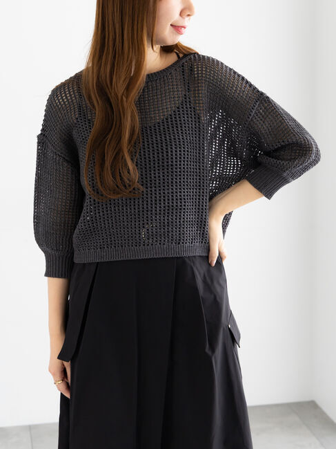 Te chichi「スパンコールメッシュハーフスリーブニット《2025Autumn catalog item》」|ニット・セーター|チャコールグレー