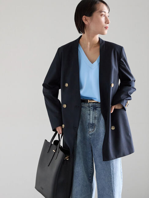 Te chichi「ノーカラーダブルブレストジャケット」|その他|ネイビー