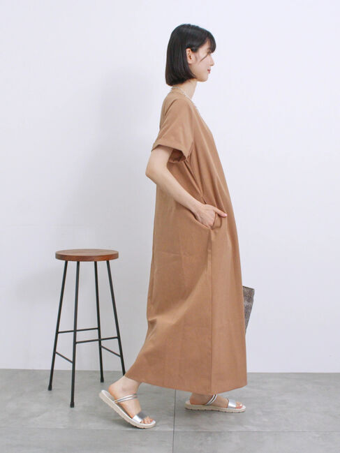 Samansa Mos2 blue「【イージーケア】リネン混マキシフレアワンピース」|ワンピース|