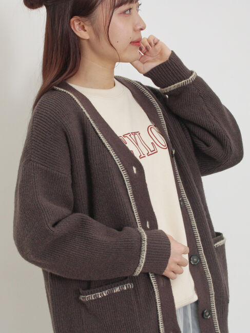 Samansa Mos2「配色ステッチVネックニットカーディガン」|カーディガン|ダークブラウン