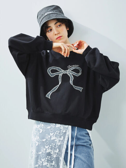 Samansa Mos2「リボン&ロゴチュールアップリケ刺繍スウェット」|Tシャツ・カットソー|
