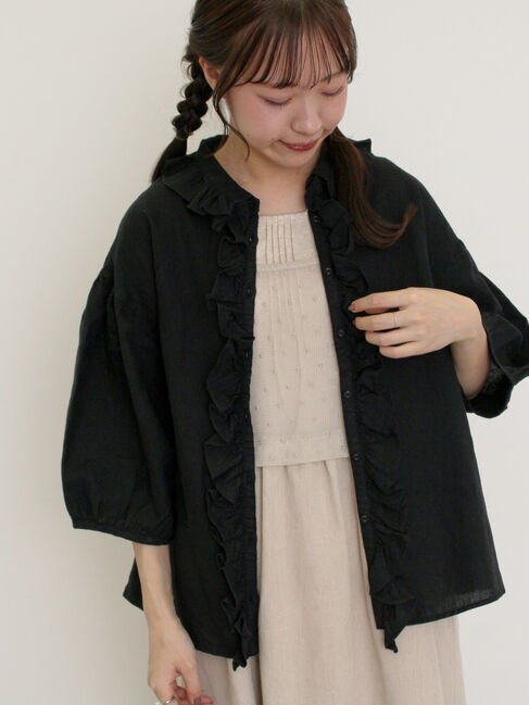 Samansa Mos2「【Cross&times;Linen】フリルブラウス」|シャツ・ブラウス|ブラック