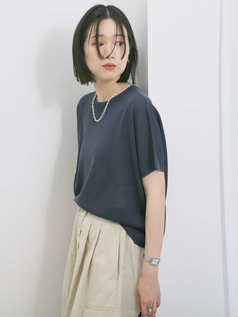 Samansa Mos2 blue「【マシンウォッシャブル】麻タッチニットプルオーバー」|ニット・セーター|