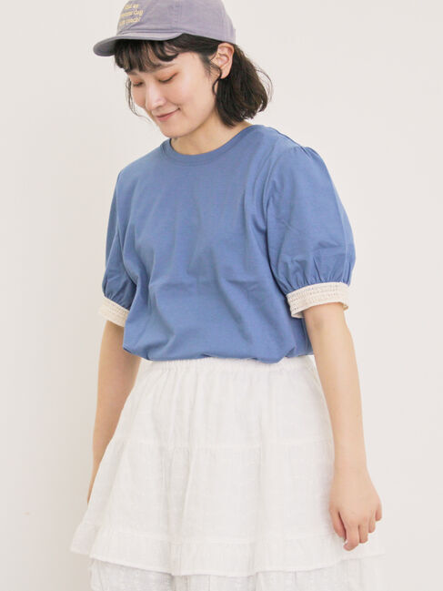 Samansa Mos2「【汗染み防止】袖口レースパフスリーブTシャツ」|Tシャツ・カットソー|
