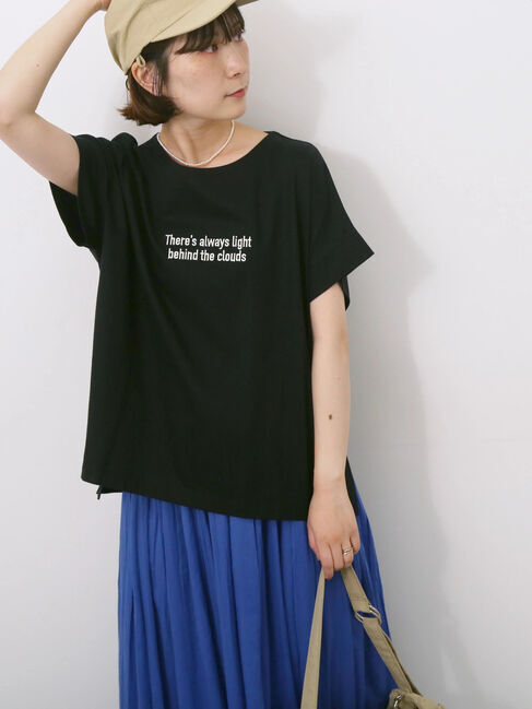 Samansa Mos2 blue「ロゴ刺繍フレンチスリーブTシャツ」|Tシャツ・カットソー|ブラック