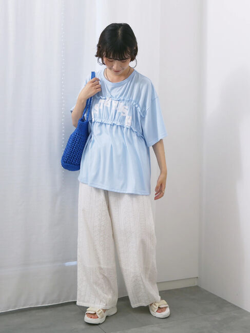 Samansa Mos2 blue「◎【接触冷感】シャーリングドッキングTシャツ」|Tシャツ・カットソー|