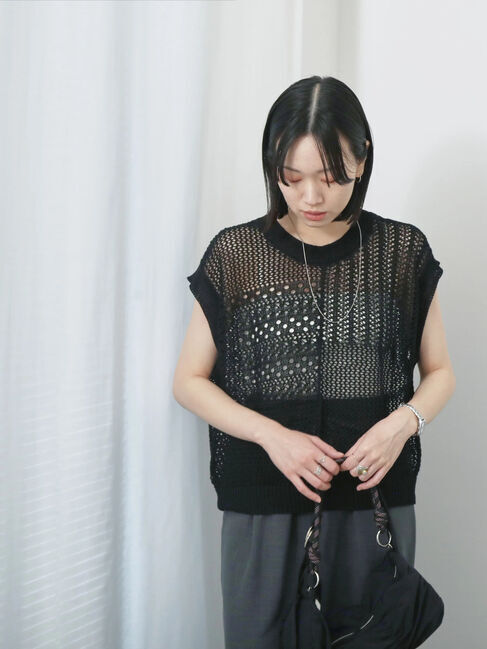 Samansa Mos2 blue「麻タッチパッチワークニットベスト」|ニット・セーター|