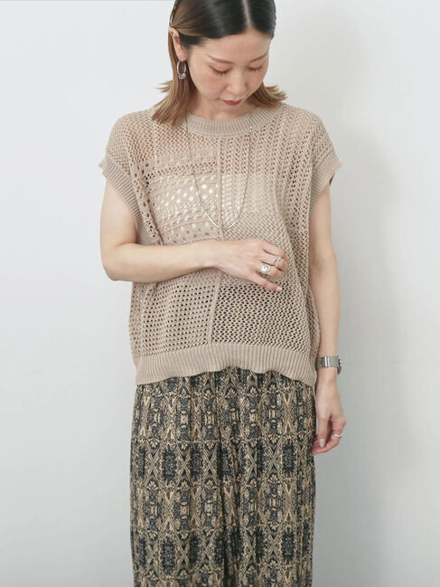 Samansa Mos2 blue「麻タッチパッチワークニットベスト」|ニット・セーター|