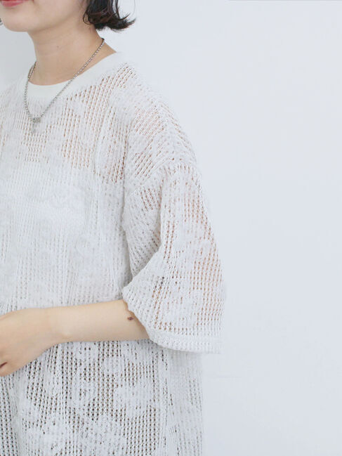 Samansa Mos2 blue「チュールフラワーコードTシャツ」|Tシャツ・カットソー|