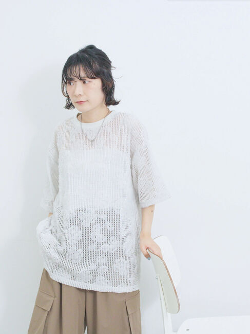 Samansa Mos2 blue「チュールフラワーコードTシャツ」|Tシャツ・カットソー|