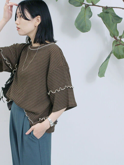 Samansa Mos2 blue「配色メローアソートプルオーバー」|Tシャツ・カットソー|ブラウン