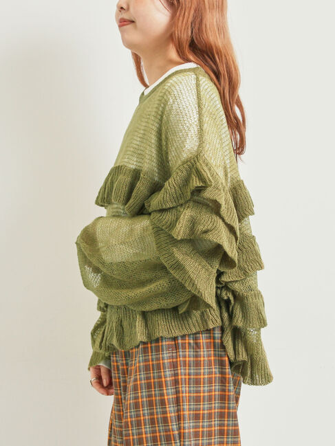 SM2「インナーSETモヘアタッチシアーフリルニット」|ニット・セーター|カーキ