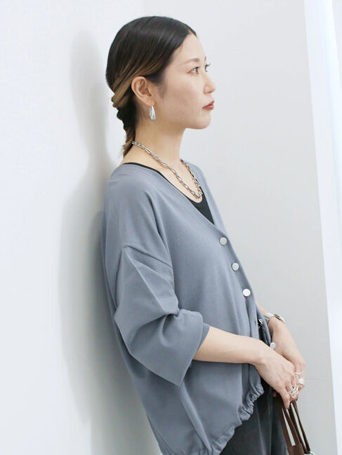 Samansa Mos2 blue「裾ドロストニットカーディガン」|カーディガン|