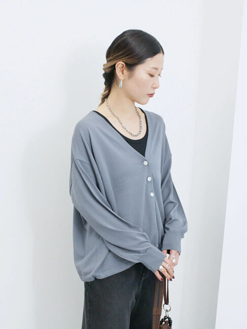 Samansa Mos2 blue「裾ドロストニットカーディガン」|カーディガン|