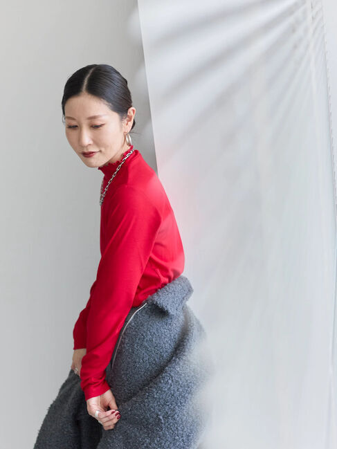 Samansa Mos2 blue「【吸湿発熱】リブフリル衿PO」|Tシャツ・カットソー|