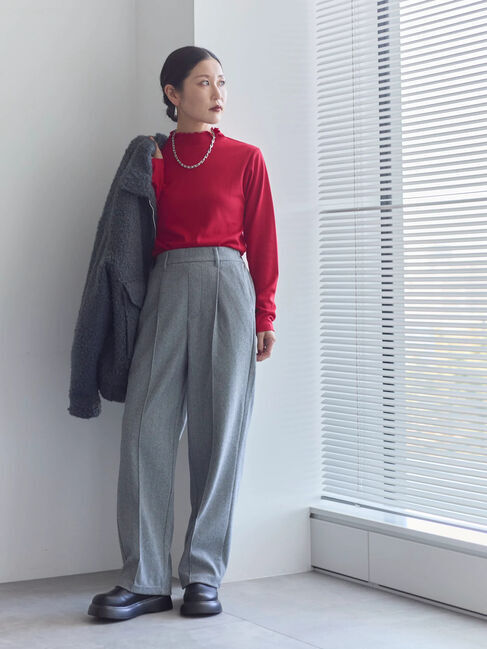 Samansa Mos2 blue「【吸湿発熱】リブフリル衿PO」|Tシャツ・カットソー|