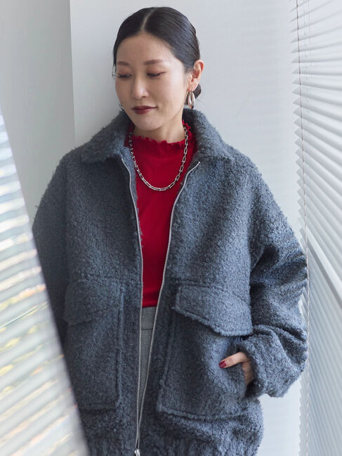 Samansa Mos2 blue「【吸湿発熱】リブフリル衿PO」|Tシャツ・カットソー|