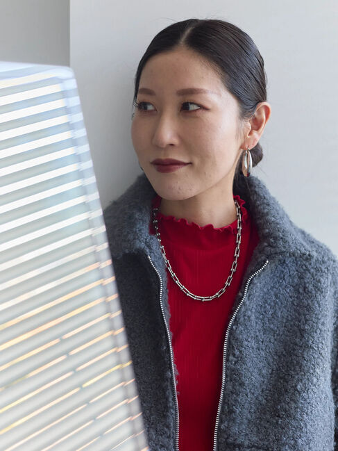 Samansa Mos2 blue「【吸湿発熱】リブフリル衿PO」|Tシャツ・カットソー|