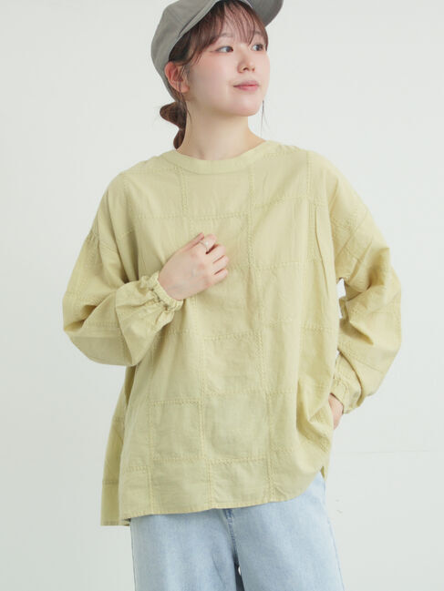 Samansa Mos2「スクエア刺繍バンドカラーブラウス」|シャツ・ブラウス|グリーン