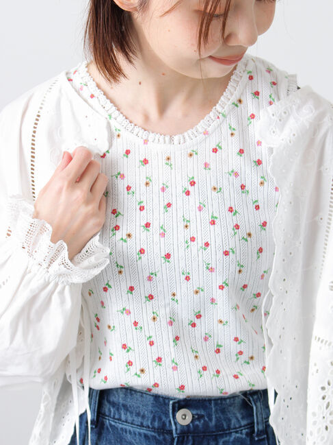 Samansa Mos2「花柄パターンメッシュレース付ノースリーブ」|Tシャツ・カットソー|オフホワイト