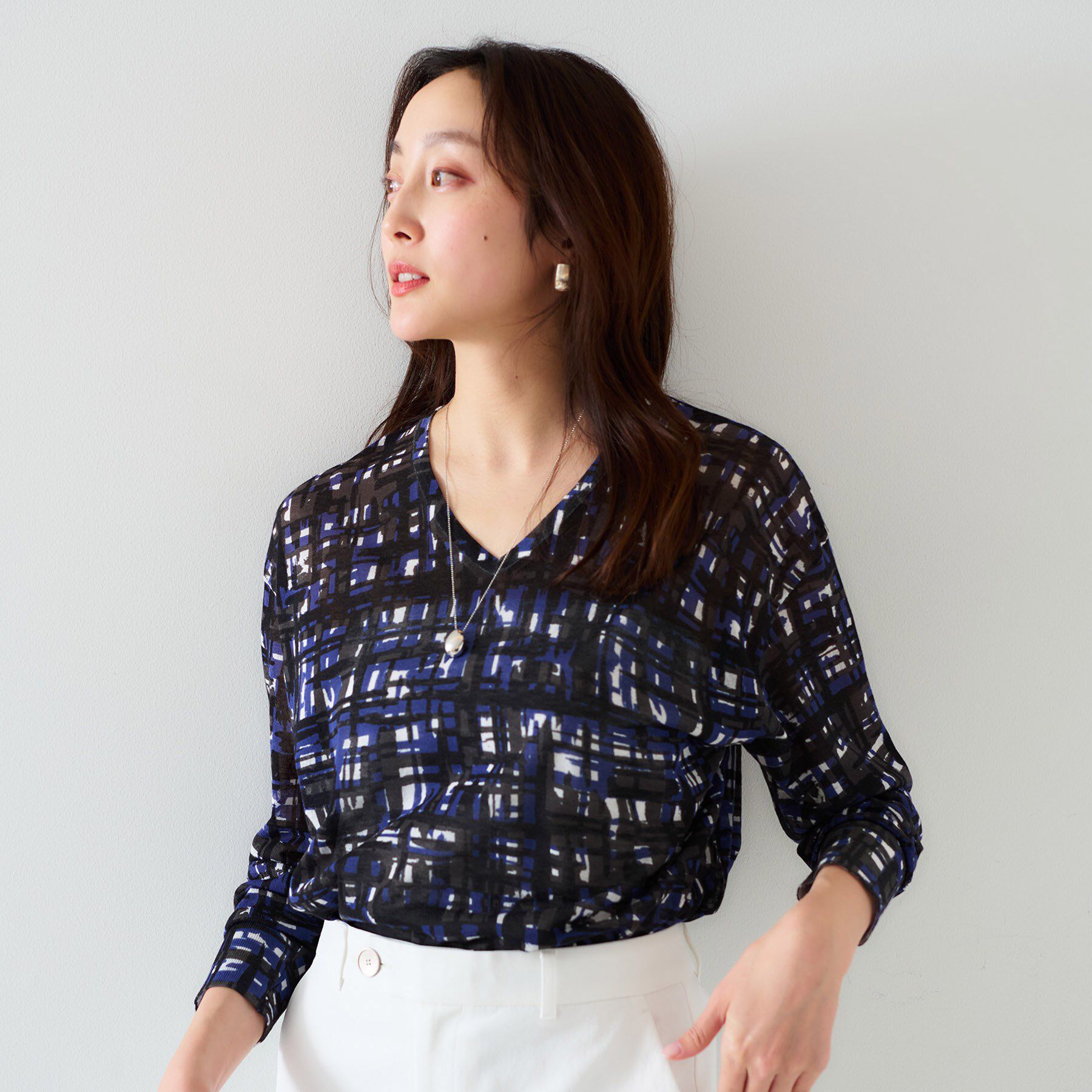 UNTITLED「【セットアップ可能/アンサンブル可能/シアー】チェックプリント プルオーバーニット」|ニット・セーター|