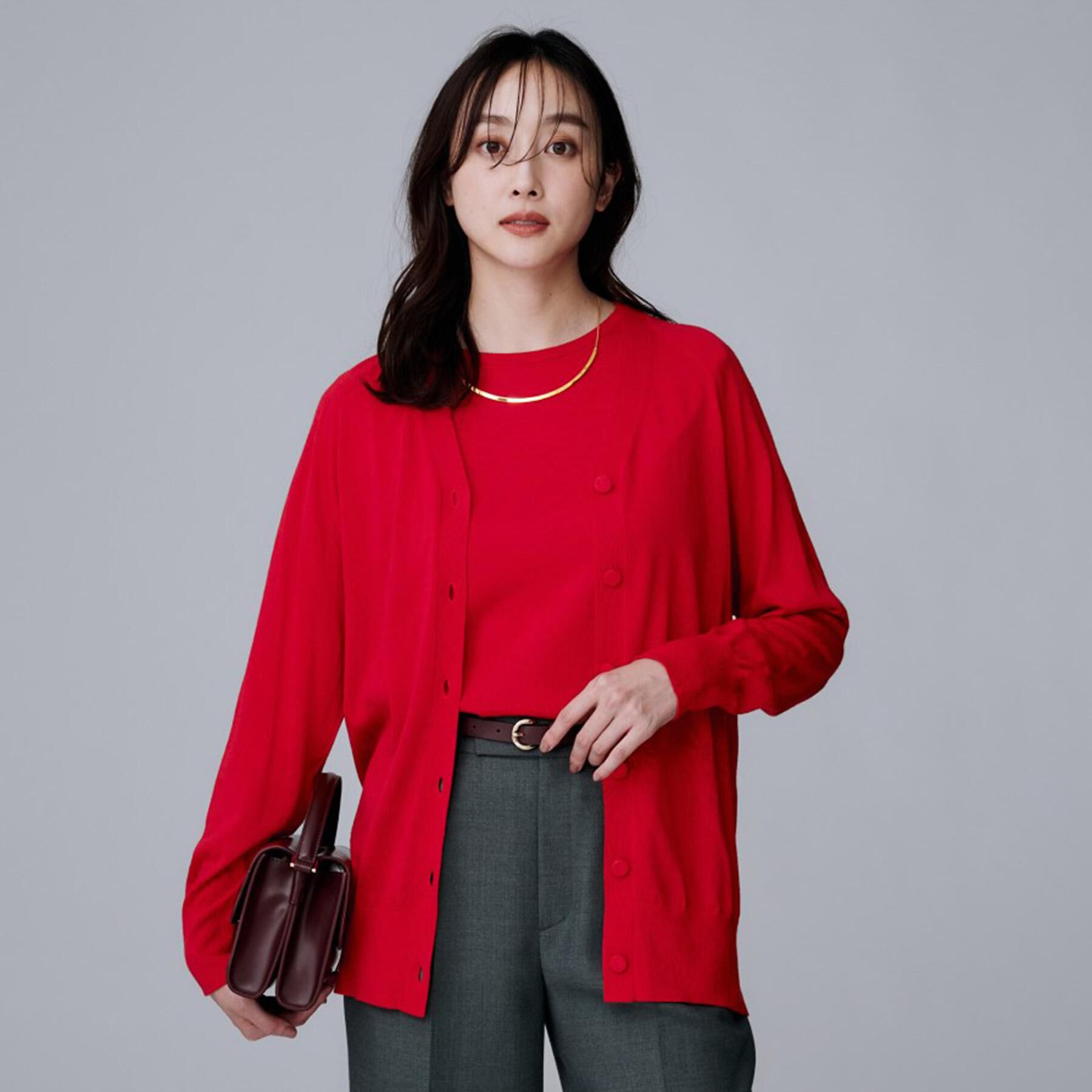 UNTITLED「【アンサンブル可/洗える/Vネック】ウールシルクカーディガン」|カーディガン|レッド(062)