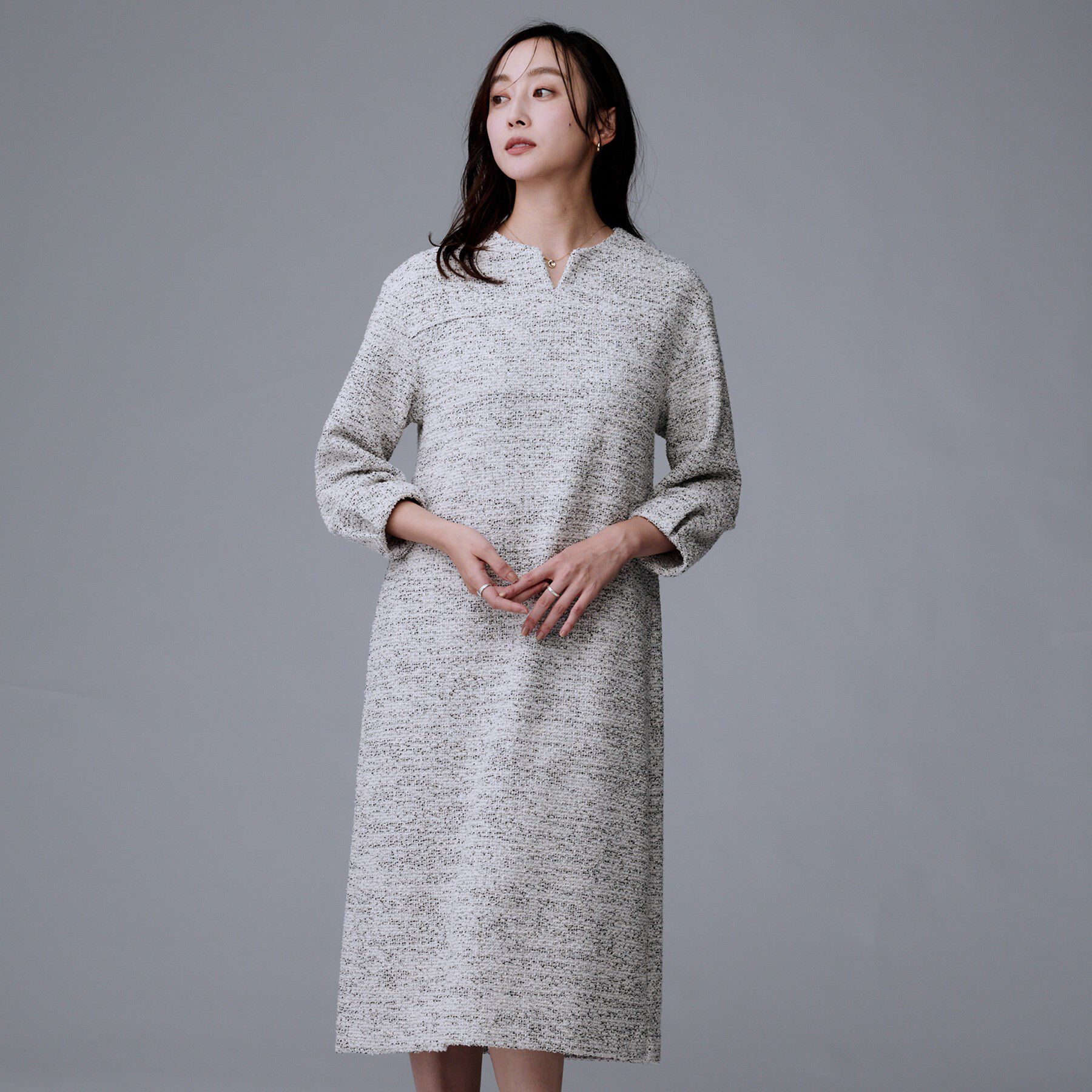 UNTITLED「【洗える/ストレッチ】ツイードジャージワンピース」|ワンピース|オフホワイト(403