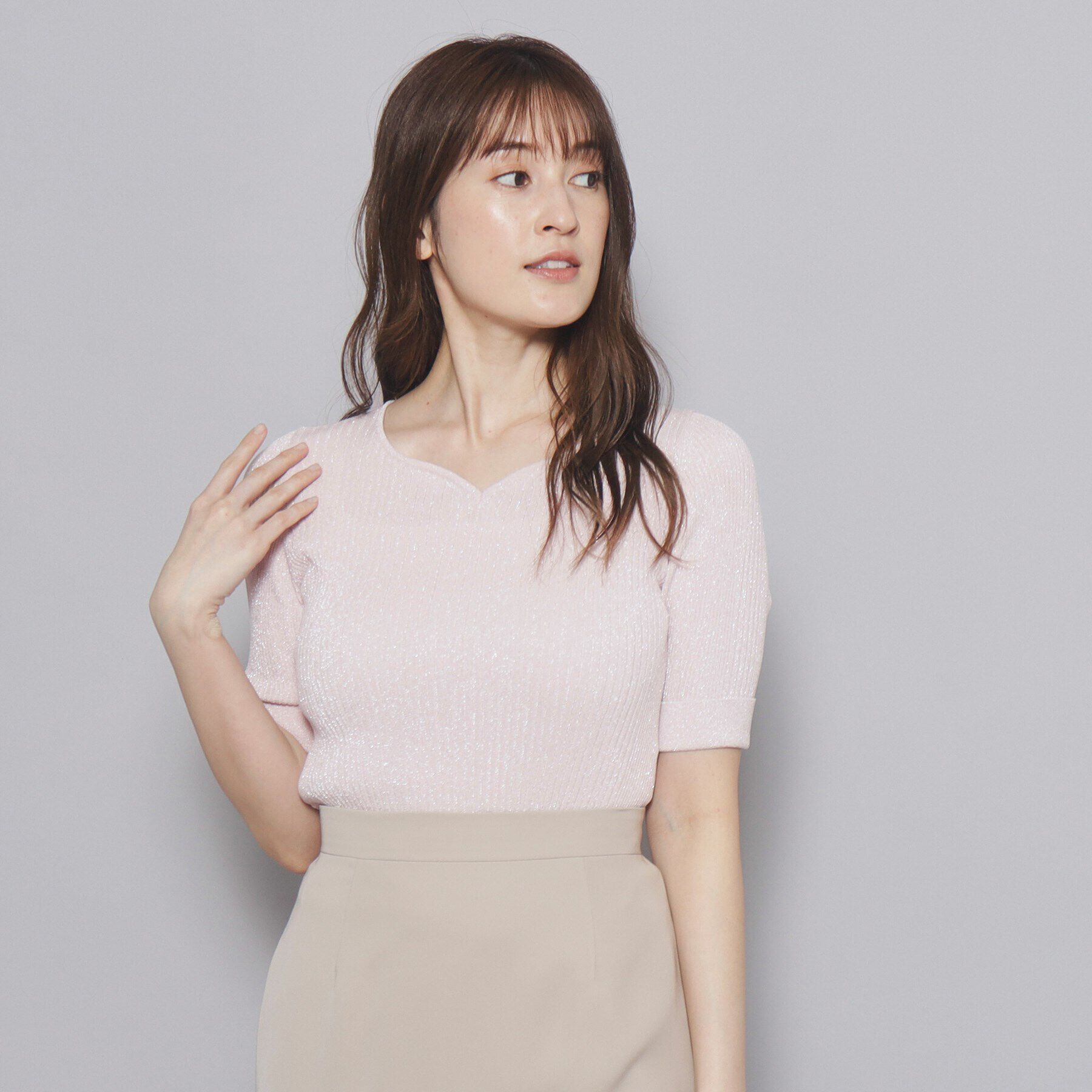 COUP DE CHANCE「【洗える／日本製／ハートネック】5分袖ラメ入りニットトップス」|ニット・セーター|ライトピンク(070